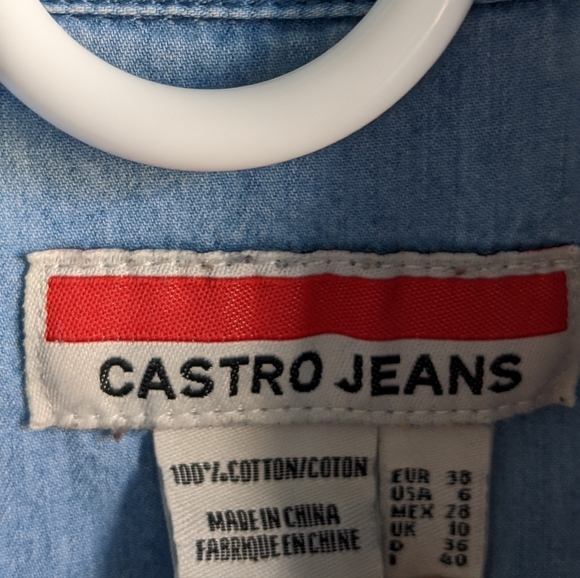 CASTRO JEANS🔥 Denim Chambray Western Button-up Top Embroidered Quotes 6 Euro 38 - Picture 8 of 8